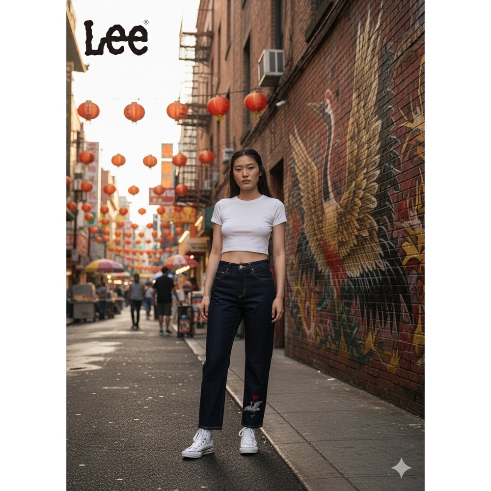 Rare Lee Women Blue Jeans 29X27 Chinese Japanese Asian art wave‎ Flame Crane